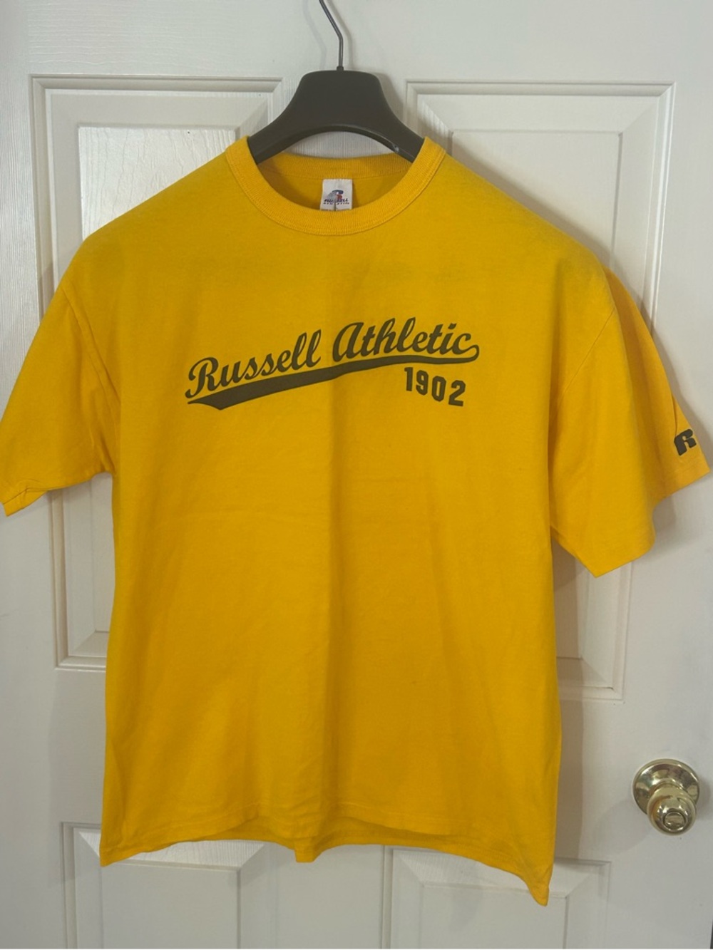 Vintage Yellow Russell Athletic Script Logo Shirt Mens Crewneck Short Sleeve Tee - Picture 2 of 9